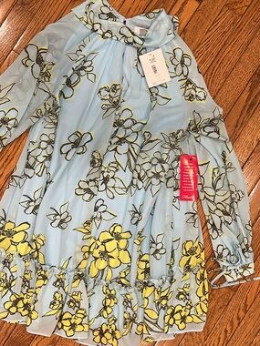 Badgley Mischka Light Blue Floral Chiffon Dress with Yellow Accents